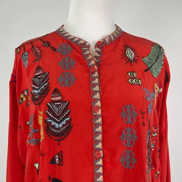 NWOT Johnny Was Biya Reverie Silk Floral Embroidered Red Shirt Blouse Size M - Picture 3 of 13